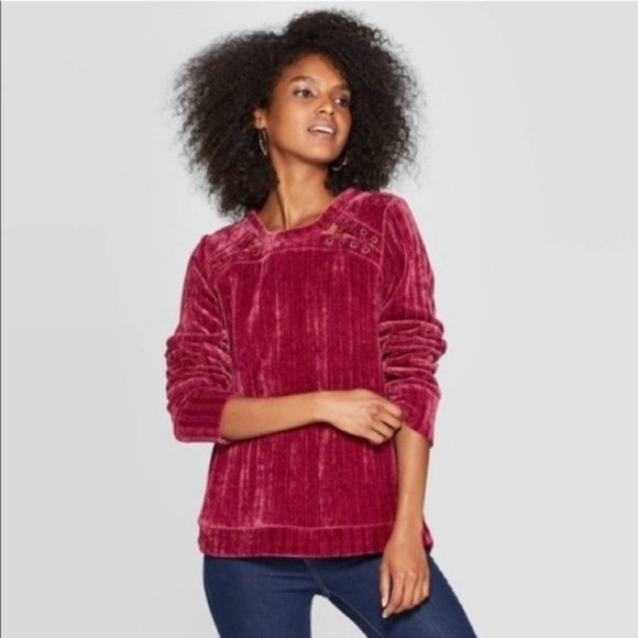 Knox Rose Burgundy Chenille Lace Up Sweater L